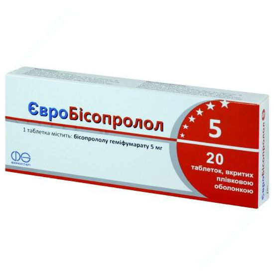 Зображення Євробісопролол 5 табл. в/плів. оболонкою 5 мг блістер №20 