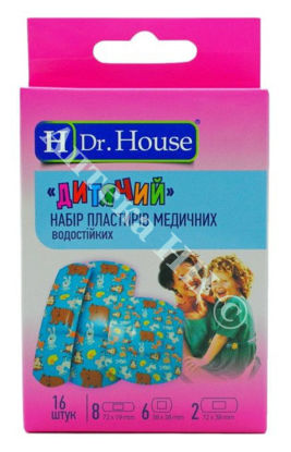  Зображення Набір пластирів медичних водостійких "Дитячий""H Dr.House"16шт(72ммх19мм-8шт; 38ммх38мм-6шт; 72ммх38мм-2шт)     № 1 