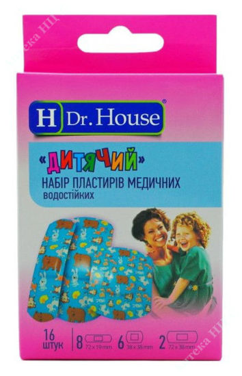  Зображення Набір пластирів медичних водостійких "Дитячий""H Dr.House"16шт(72ммх19мм-8шт; 38ммх38мм-6шт; 72ммх38мм-2шт)     № 1 