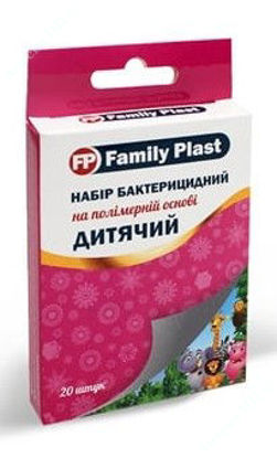 Изображение Набор пластырей медицинских бактерицидных Детский "FP Family Plast" на полимерной основе водостойких: 19mm x 72 mm - 10 шт., 25mm x 72 mm - 10 шт.    уп. № 20