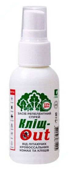 Зображення КЛІЩ-OUT, ЗАСІБ РЕПЕЛЕНТНИЙ ВІД ЛІТАЮЩИХ КРОВОСОСАЛЬНИХ КОМАХ ТА КЛІЩІВ, спрей 50 мл аер.балон № 1 
